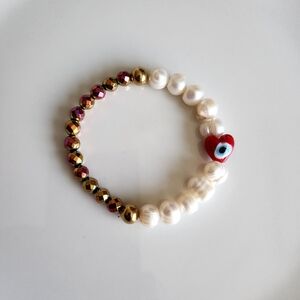 Pearl and Gold Beaded Bracelet with Red Heart Charm